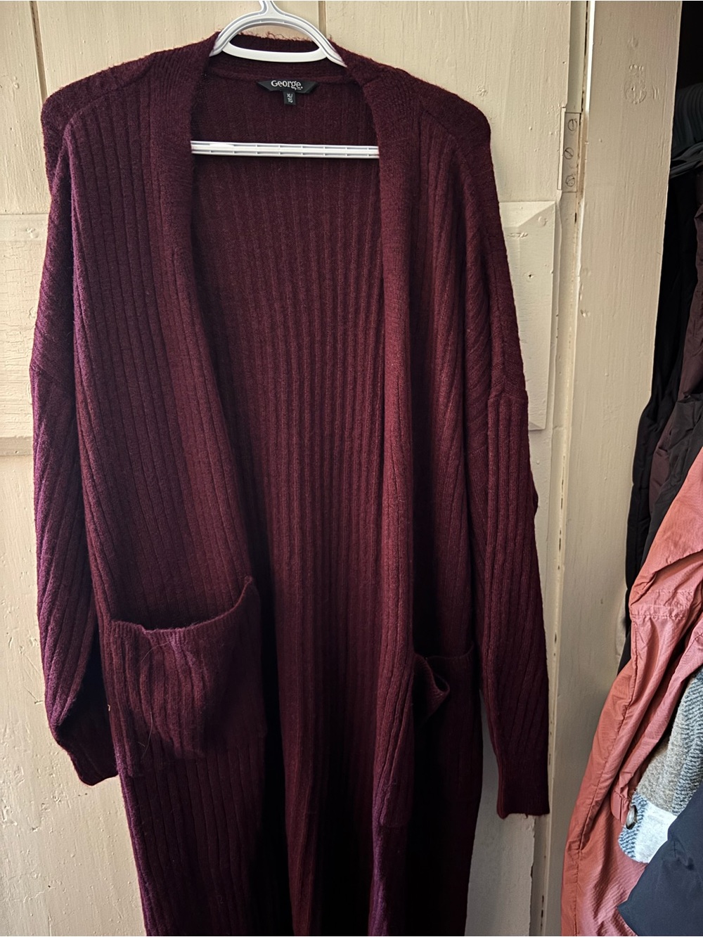 George Deep Wine Ribbed Open-Front Long Cardigan